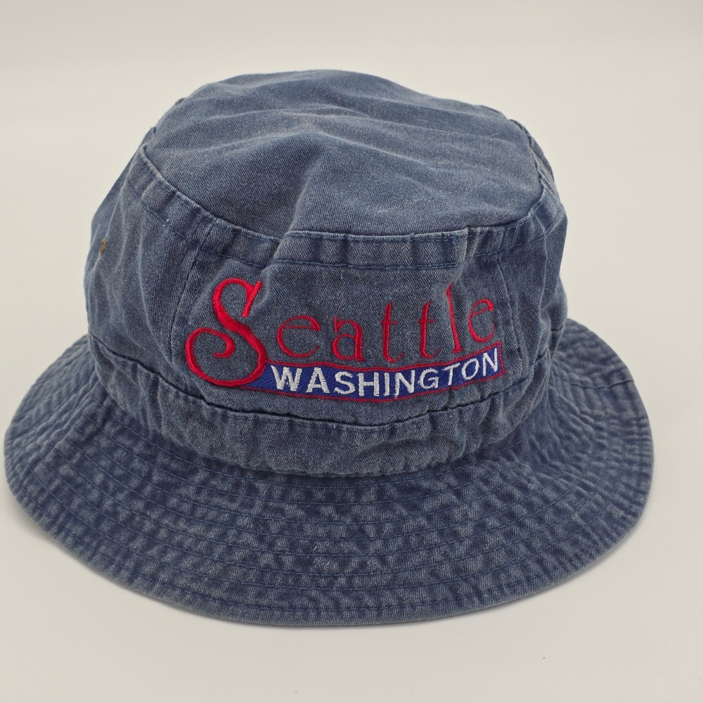 VINTAGE Seattle Washington Bucket Hat Adult L XL Blue Cotton 90s Y2K Streetwear